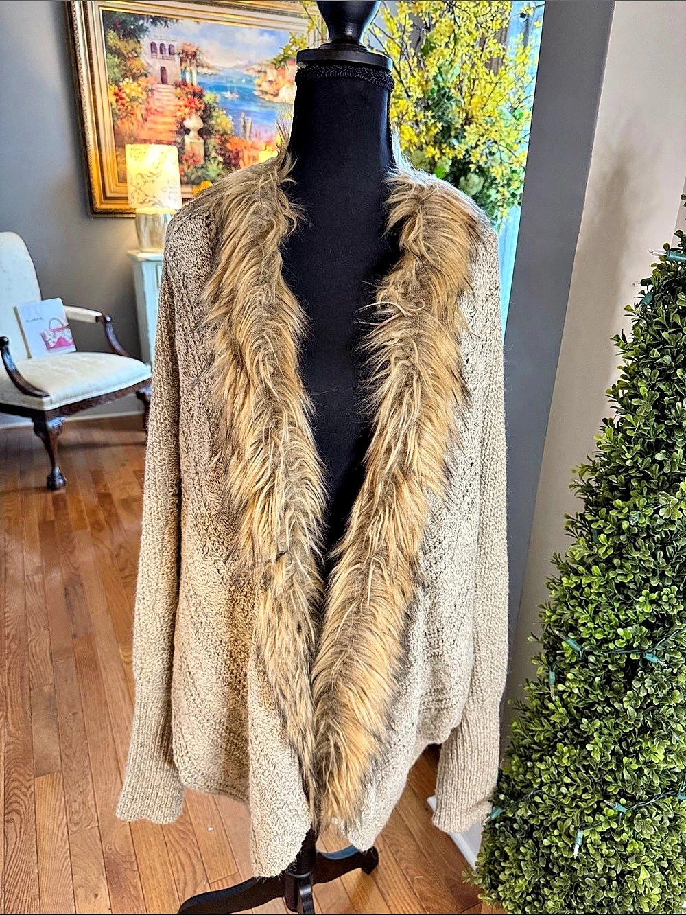 Doe & Rae Faux Fur Collar Knit Cardigan XL Like New